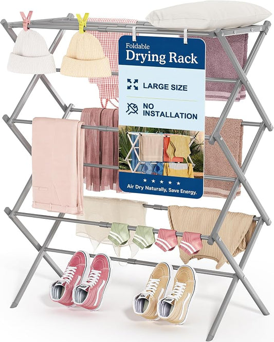 APEXCHASER Oversize 3-Tier Clothes Drying Rack, No Install, Grey | Expandable Design, Non-slip feet, Tool-free Setup, Rust Prevention, Sturdy Construction, 14.9" D x 29.3" W, Holds 24lbs