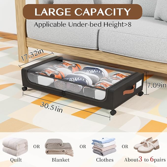 Under Bed Storage with Wheels, UnderBed Storage Containers with Clear Lid and Handles, XXL 60L Under the Bed Storage Bins Drawers for Clothes,Blankets,Shoes,Books (BLACK, 2 PACK)
