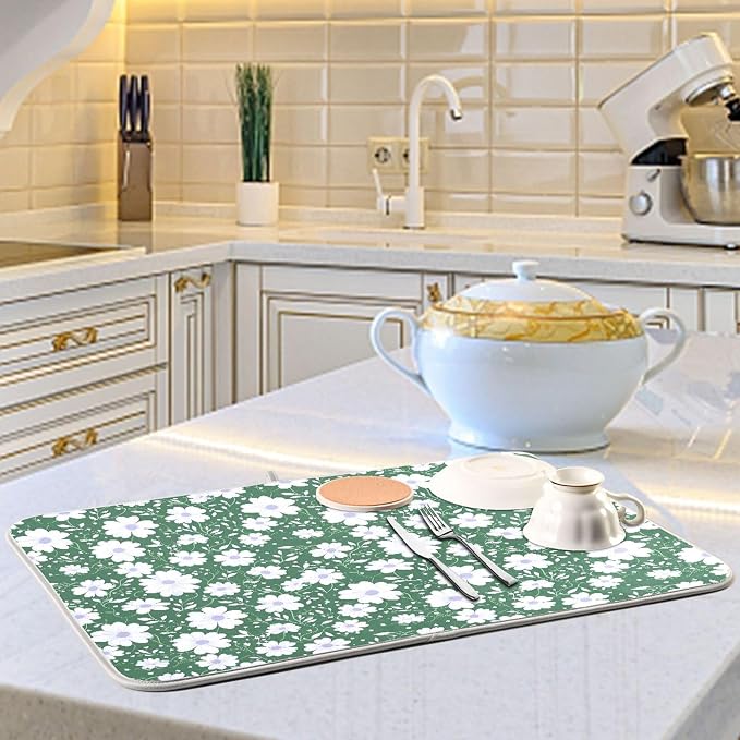 Vintage Floral Leaves Green Dish Drying Mat for Kitchen Daisy White Pastel Colors Microfiber Drying Mats Absorbent Reversible Dish Pad Medium Dish Draining Mat 18x24 inch