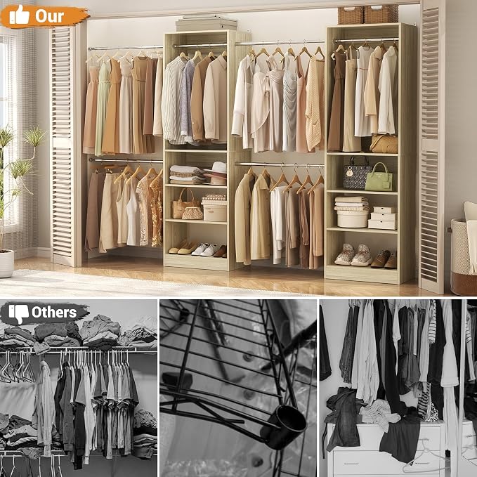 Homieasy Closet System, 4.5-11.5 Ft Expandable Closet Organizer with 5 Hanging Rods, Walk-in Wood Closet Organizer System with Storage Tower, Heavy Duty Garment Rack Wardrobe for Bedroom, Light Oak