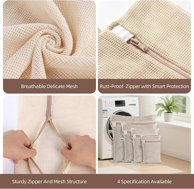 100% Cotton Mesh Laundry Bags, Premium Soft, No Dye, Set of 4, Natural
