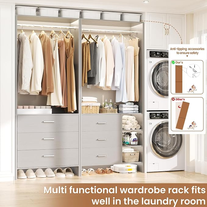 Aheaplus Closet System with 6 Drawers, 4.5ft Wood Closet Organizer System, Walk-in Closet or Small Closets Wardrobe, Clothes Rack with Hanging Rods, Set of 2 Grey
