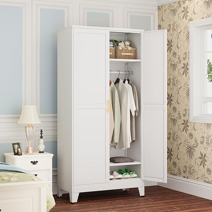 winiowa Metal Armoire Wardrobe Closet with 2 Doors, 71"' Wardrobe Cabinet with Adjustable Shelves and Hanging Rod, Clothing Storage Cabinet Closet for Bedroom-White