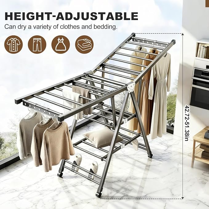 Heavy Duty 3-Tier Clothes Drying Rack with Wheels, Large 5.9ft | Shoe Rack, Foldable Metal Laundry Stand, Portable Collapsible, Clothing Hanger, Indoor Outdoor Use in Laundry Room