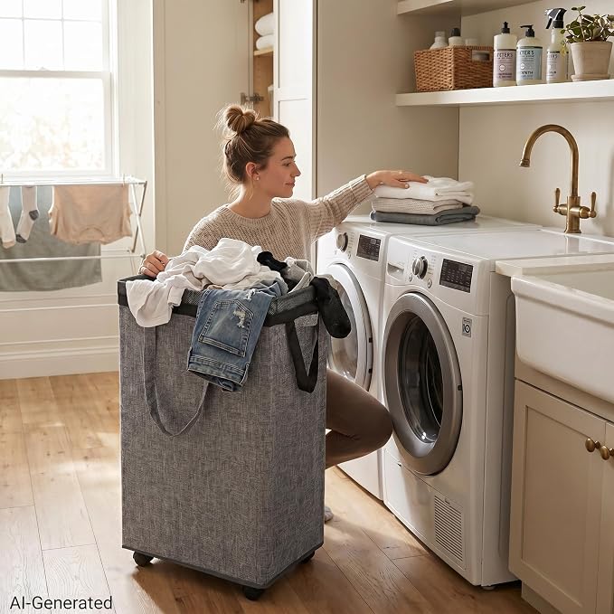 DOKEHOM 90L X-Large Rolling Laundry Basket Hamper on Wheels, Grey | Collapsible clothes hamper with removable mesh wash bag. High-capacity foldable washing bin organizer