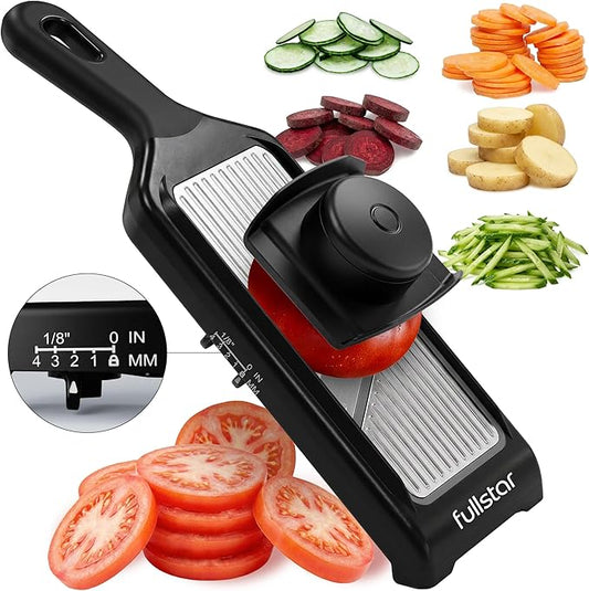 Fullstar 2-in-1 Handheld Mandoline Slicer for Kitchen - 4 Thickness Settings Vegetable Food Onion Slicer, Sharp Julienne Blade, Stainless Steel Guard, Easy to Use, Veggie Slicer & Fruit Cutter (Black)