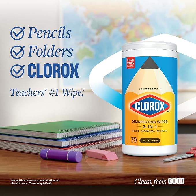 Clorox Disinfecting Wipes Back to School, Bleach Free, Crisp Lemon, 75 Count (Package May Vary)