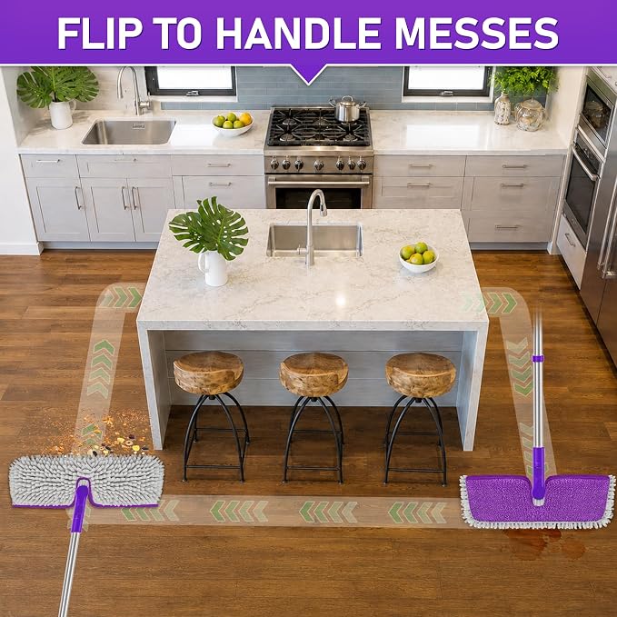 2-Sided Microfiber Flat Mop for Hardwood Floors & Walls Cleaning | Flip Dust Broom, Wet Dry Use, 3 Chenille & Microfiber Pads, 58" Handle, 360° Swivel, Sweep Pet Hair, Tile, Laminate, Kitchen
