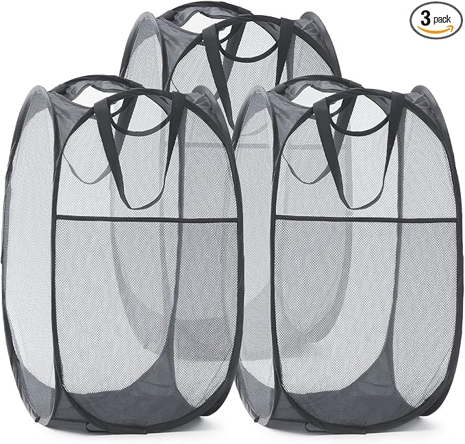 TECHMILLY Collapsible Mesh Pop Up Laundry Hamper with Sturdy Handles and Side Pocket - Portable Foldable Clothes Baskets for Dorm, Bathroom & Travel Storage (Grey, 3 Packs)