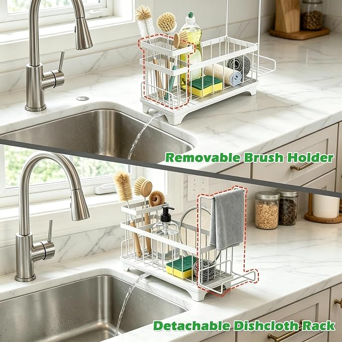 Sponge Holder for Kitchen Sink, Self-Draining Sink Caddy with Detachable Cloth & Dish Brush Rack, Metal Sponge Caddy Organizer for Kitchen Countertop Organizers and Storage Accessories, White