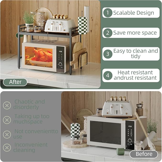 NETEL 2 Tier Expandable Microwave Stand countertop,Microwave Oven Rack | microwave shelf with Paper Towel and Chopping Board Holder, storage shelf for pans &appliances,8 Hooks,55lbs max load,Black