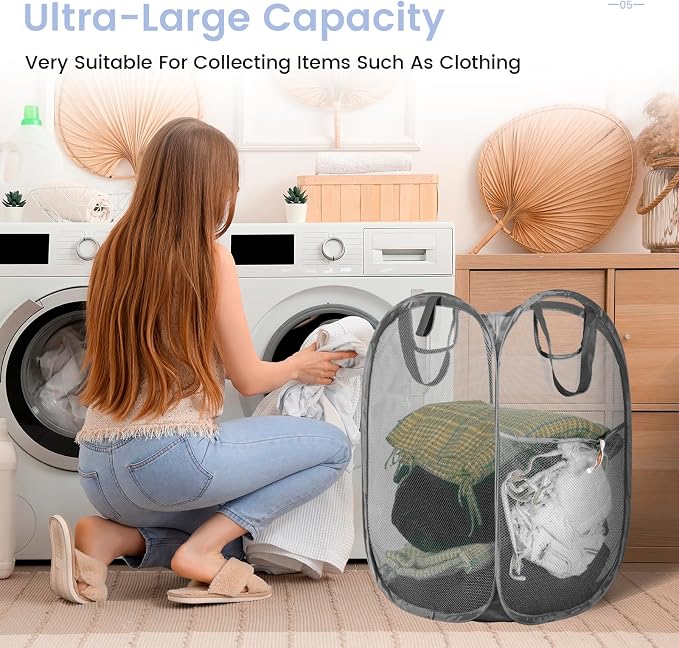 HOUSE AGAIN Strong Mesh Pop Up Laundry Hamper, 70L Collapsible Laundry Basket with Steel Frame, Double‑Stitched Handles & Side Pocket, Foldable Dirty Clothes Hamper for Dorm, Bedroom, Grey