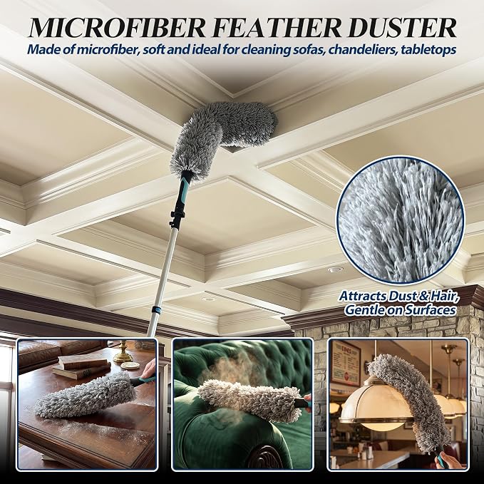 COVERONICS 30FT High Duster Cleaning Tools with 6-24FT Extension Poles | Reusable Fan Duster Cleaning Kits with Ceiling Fan Cleaner Duster, Window Squeegee, Microfiber Feather Duster & Cobweb Duster