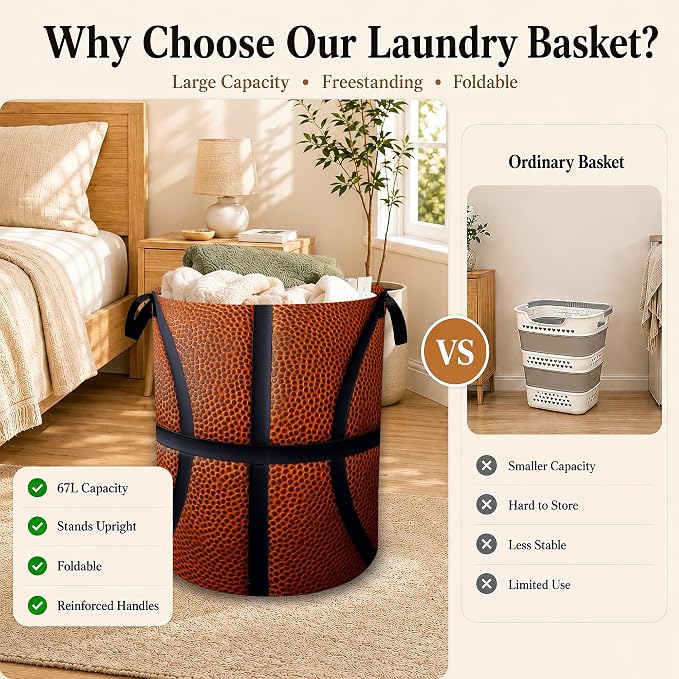 Basketball Texture Laundry Basket with Handles, Foldable Tall Oxford Clothes Hamper, Lightweight Water-Resistant Storage Bin for Bedroom Bathroom College Dorm, 16 x 20.8 Inch