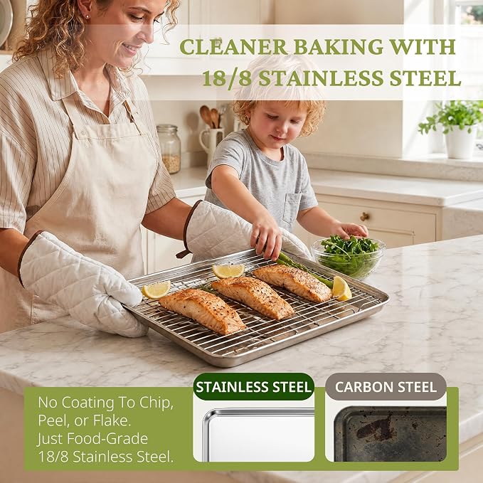 BRONYPRO 18/8 Stainless Steel Baking Sheet Set (2 Pans + 2 Mats+ 2 Racks) | Uncoated Cookie Sheets with Wire Rack & Macaron Silicone Mats, Non-Toxic (PFOA & PTFE Free), 16 In Jelly Roll Trays for Oven