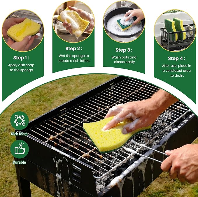12 Count Heavy Duty Scrub Sponges,Dual Sided Kitchen Sponges for Non-Coated Cookware and Outdoor Grills, Flexible, Durable, and Strong, Long Lasting Cleaning Sponges for Cleaning Kitchen Dishes