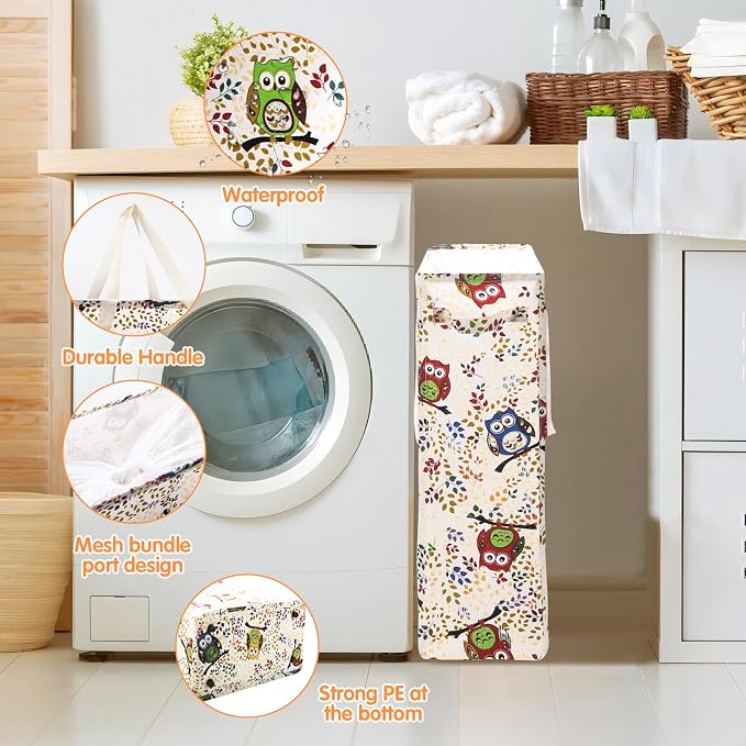 Odonata Slim Laundry Hamper Handles Collapsible Laundry Basket Thin Dirty Clothes Basket Narrow Laundry Bag Foldable Dirty Hamper 48L (Owl)