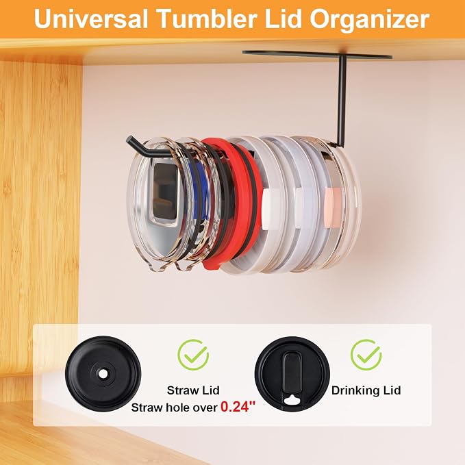 4 Pack Tumbler Lid Organizer, Space Saving Cup Lid Organizer | Yeti/Stanley/Simple Modern Lids Organizer, Self-Adhesive or Drilling Tumbler Lid Hook for Kitchen Organizers and Storage
