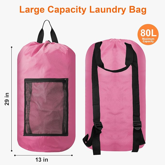 Laundry Bag Backpack Durable Laundry Bag with Shoulder Straps and Mesh Pockets Portable Laundry Hamper Dirty Clothes Bag for College, Travel, Laundromat, Apartment (Pink, 2 Pack)