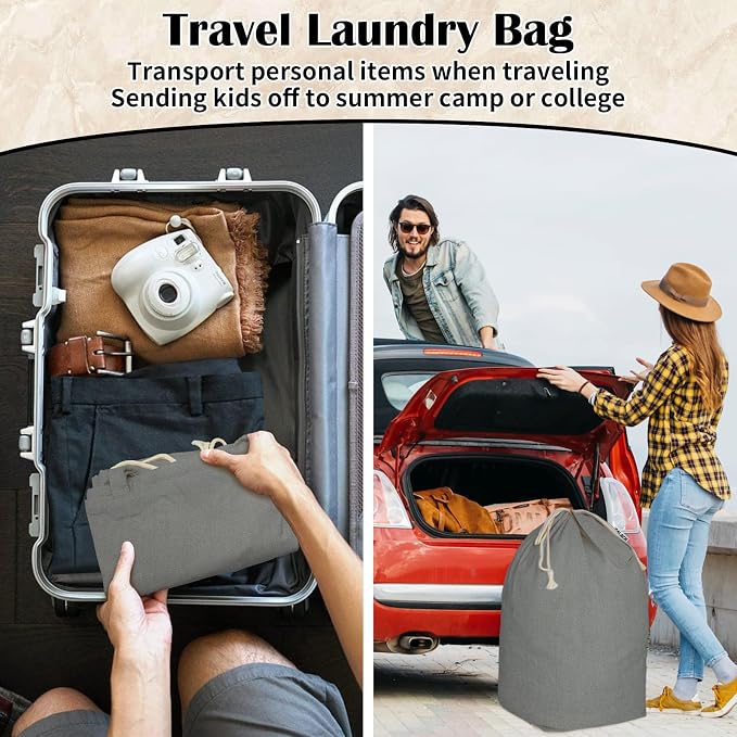 Canvas Laundry Bag with Handles & Square Base, Gray, 13.8"Wx13.8"Dx27.6"H | Large Heavy Duty Laundry Hamper Bag, Washable Drawstring Closure Dirty Clothes Sack for College Dorm, Home Storage