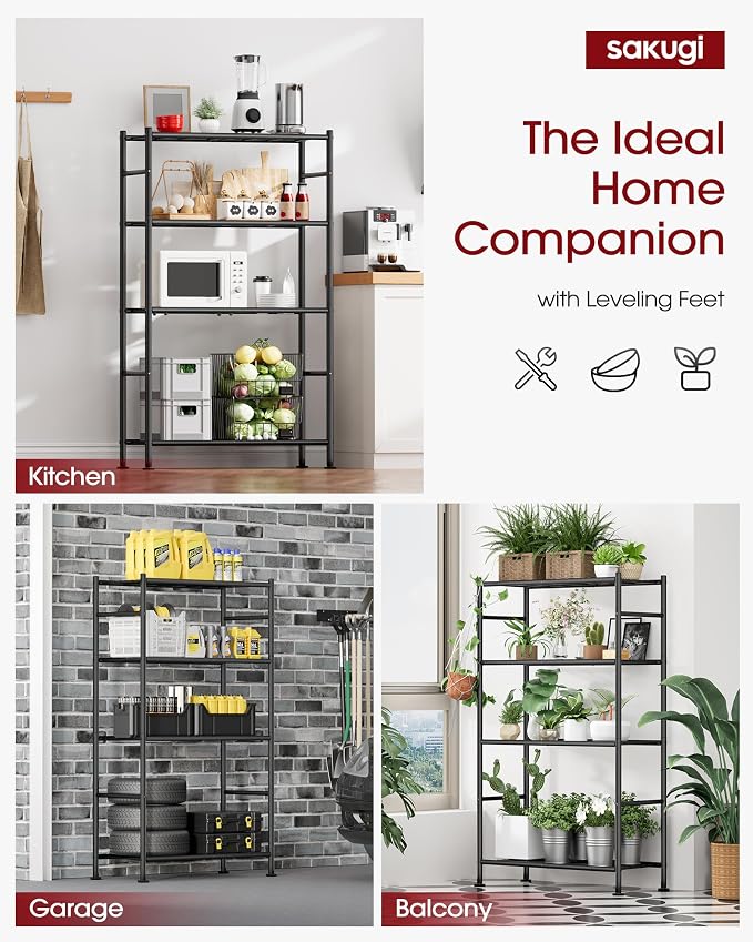 Sakugi Storage Shelves Organizer - 4 Tier Metal Shelf Organizer with Metal Wheels and Adjustable Leveling Feet, Heavy Duty Garage Shelving for Kitchen, Pantry and Closet, 33.1"x12.6"x58.9", Black