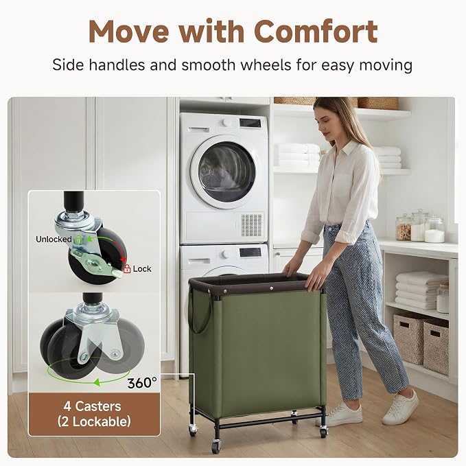 StorageWorks 2 Section Laundry Hamper, 100L Green Sorter Cart with Wheels