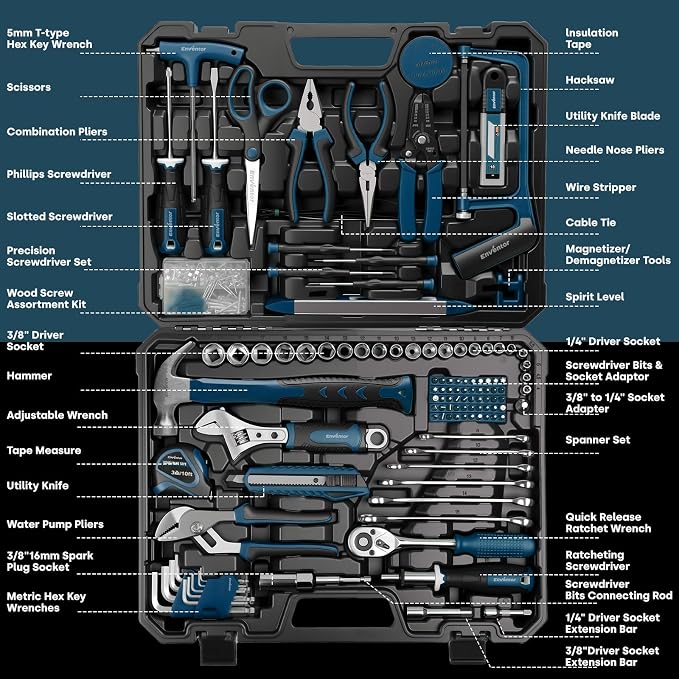 Enventor Tool Set with Molded Storage Case, 220 Pieces, Blue | 24-tooth Ratchet, Metric Sockets, Extension Bar and Adapter, for Home Repairs, DIY Projects and Auto Maintenance