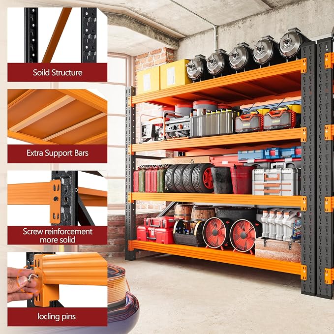 RAVIGIN 3000LBS Storage Shelves, 48" W Garage Shelving Heavy Duty Metal Adjustable Garage Shelves, Shelving Units Industrial Shelving for Warehouse, 48" W x 23.7" D x 70" H,Orange