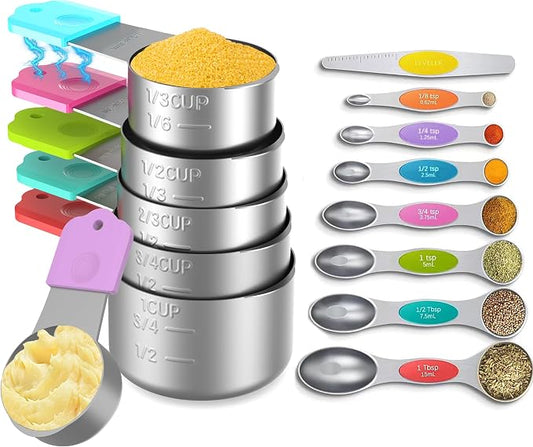 Magnetic Measuring Cups and Spoons Set, 6 Nesting Stainless Steel Measuring Cup Set with Easy to Read Markings, 7 Magnetic Measuring Spoons & 1 Leveler for Measuring Dry or Liquid Ingredients