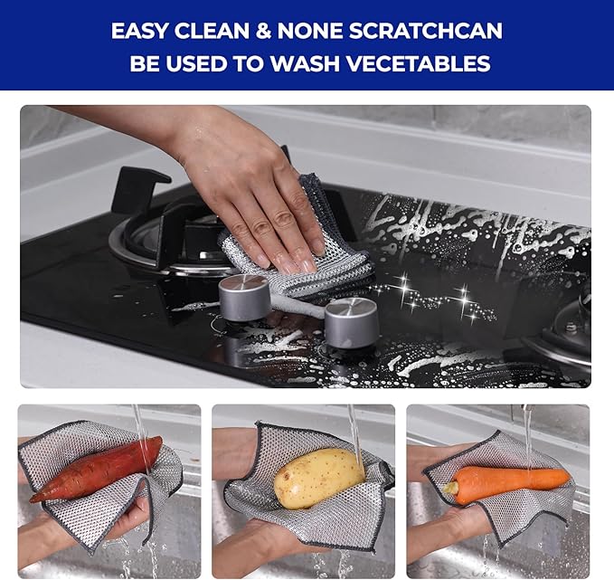 Wangjinpeng 12 PCS 3-Layer Non-Scratch Multipurpose Steel Wire Dishcloths - Reusable Quick-Dry Odor-Free Scrub Cloths for Dishes, Kitchen Cleaning Cloths for Cookware, Sinks, Stove Tops(9.84X9.84)