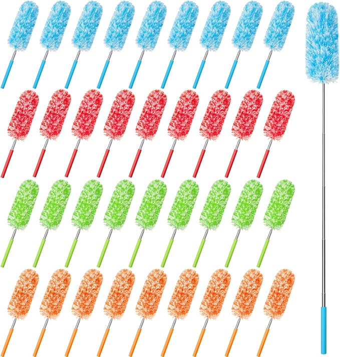 Tanlade 36 Pcs Microfiber Feather Duster for Cleaning, Extendable 13-31 Inch Ceiling Fan Duster with Bendable Head, Washable Tools for Ceiling Fans, Furniture, Car, Cobwebs (Bright Color)
