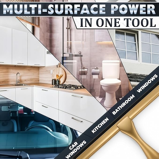 Shower Door Squeegee with Hook - 14" Silicone Blade, Stainless Steel Gold Squeegee for Shower Glass with Adhesive Mount - All-Purpose Bathroom Tile, Mirror, & Window Wiper for Streak-Free Cleaning