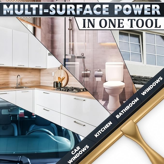 14 Inch Shower Door Squeegee - Gold Squeegee for Shower Glass with Stainless Steel Body, Silicone Blade, Adhesive & Hanging Hooks for Streak-Free Mirror, Tile, Window, Bathroom, Car, Everyday Home Use