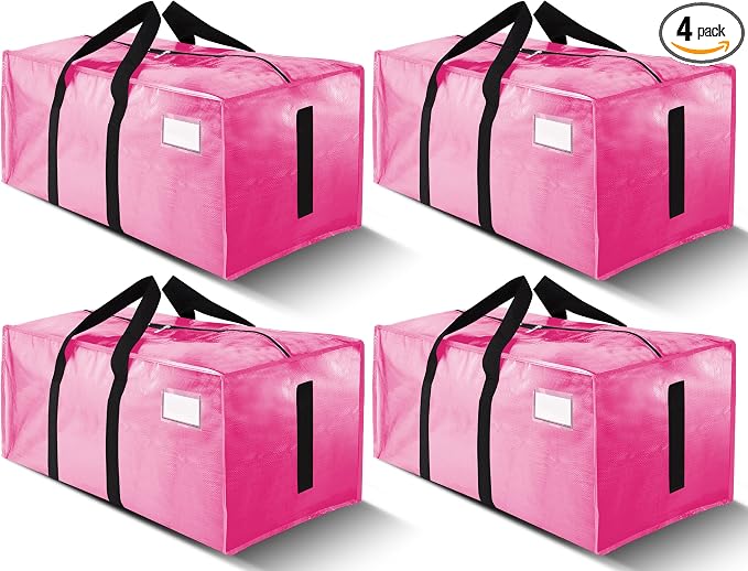 HOMESURE Supports 200lbs Heavy Duty Moving Bags - Strong Zipper & Wrap-Around Handles - Water-Resistant Storage Totes, Durable Alternative to Moving Boxes - 4 Pack - Pink
