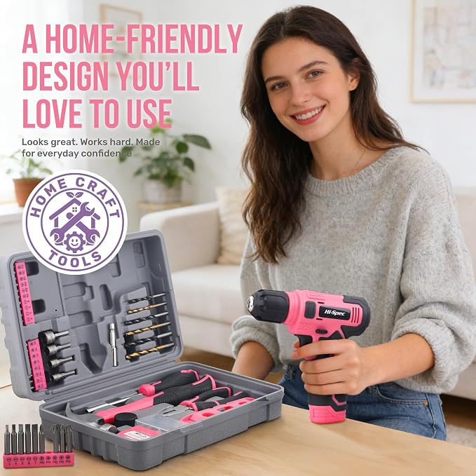 Hi-Spec 8V Cordless Drill Set & Starter Tool Kit for Women, Pink | Ladies, USB Drill Driver, Essential Hand Tools, Compact, Tidy Home Projects, Screwdriving, Repairs, Light-Duty