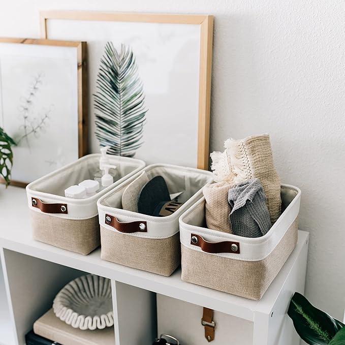 OrganiHaus Small Fabric Storage Baskets 3 Pack, 12x8in Cloth Storage Bins for Shelves, Small Baskets for Organizing Bathroom Pantry Closet, Canvas Shelf Baskets, Beige/Off-White