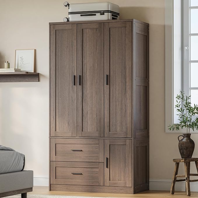 ANCTOR 70.6 Inch Armoire Wardrobe Closet with Drawers (Dark Walnut) | Freestanding engineered wood armoire with a hanging rod, adjustable shelves and concealed storage for bedroom organization