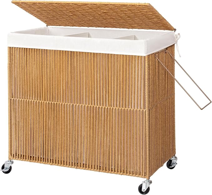 WOWLIVE Laundry Basket 3 Section, Handwoven Laundry Hamper with Wheels | Rolling Clothes Hamper with Lid and Divided Removable Bag, 160L Large Laundry Sorter, Laundry Room Organization, Natural