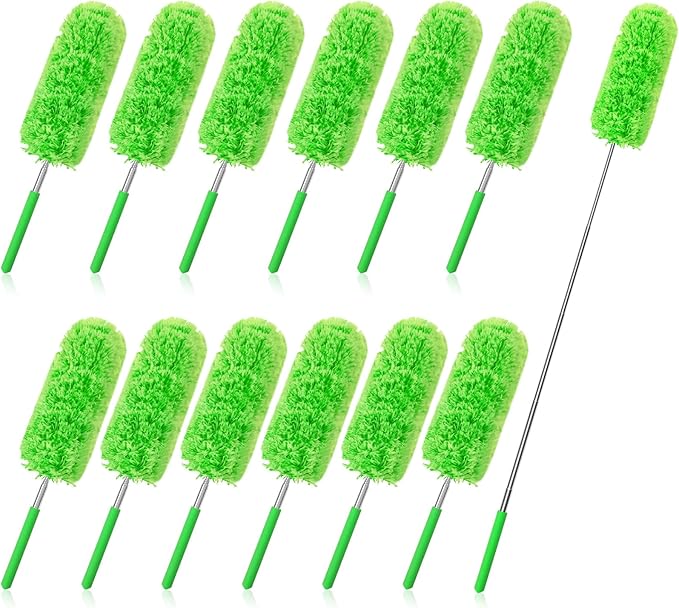 Tanlade 12 Pcs Microfiber Feather Duster for Cleaning, Extendable 13-31 Inch Ceiling Fan Duster with Bendable Head, Washable Tools for Ceiling Fans, Furniture, Car, Cobwebs (Green)