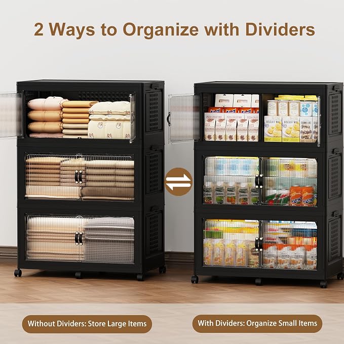 SAILUN 145Gal/579Qt Stackable Storage Bins Folding Collapsible Storage Bins with Lid, Closet Organizers and Storage Box with Door Black 33.5" W x 19" D x 53" H