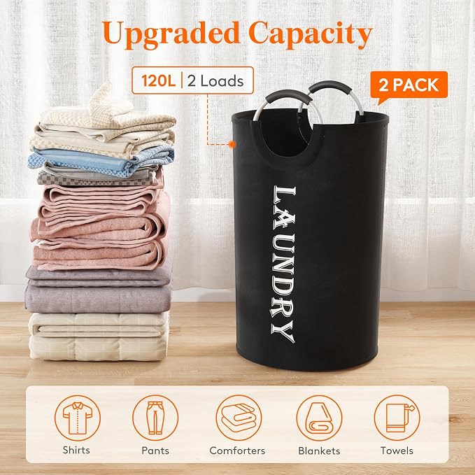 Lifewit 120L 2-Pack Large Laundry Basket, Collapsible Laundry Hamper with Aluminum Handles, Waterproof Freestanding Dirty Clothes Hampers for Laundry Room Bedroom Dorm Bathroom, Black