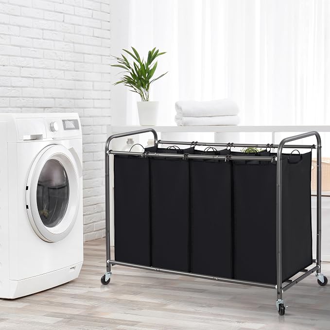 STORAGE MANIAC Laundry Sorter 4 Section, 47.5 Gal (180 L) Laundry Hamper with Wheels, Clothes Divider Basket Sorter, Separator Hamper Cart with Removable Bags, Black