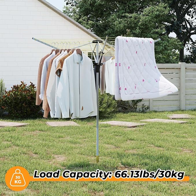 tonchean 165 Feet Clothesline Outdoor Umbrella Drying Rack, 4-arm Rotary Umbrella Clothesline for Laundry Adjustable Height Rotary Dryer Collapsible Clothes Drying Rack with 12-Lines