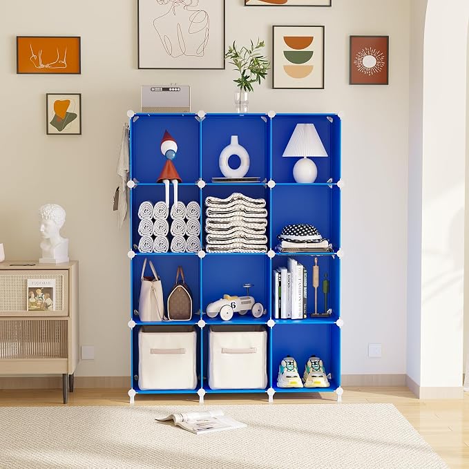 AWTATOS Cube Storage Organizer Closet Organizers 12 Cube Storage Shelves | Protable Closet for Kids DIY Stackable Cube Shelves Bookshelf Clothes Organizer for Bedroom, Home, Admiral Blue
