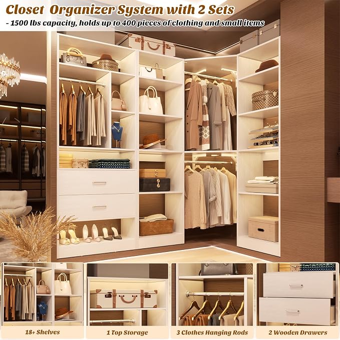 Besiost Corner Closet System with 2 Sets, 63.2" Corner Closet Organizer System with 2 Drawers + 18 Shelves + 3 Hanging Rods, Reversible L Shaped Walk-in Closets, White (63.2" L x 39.2" W x 80" H)