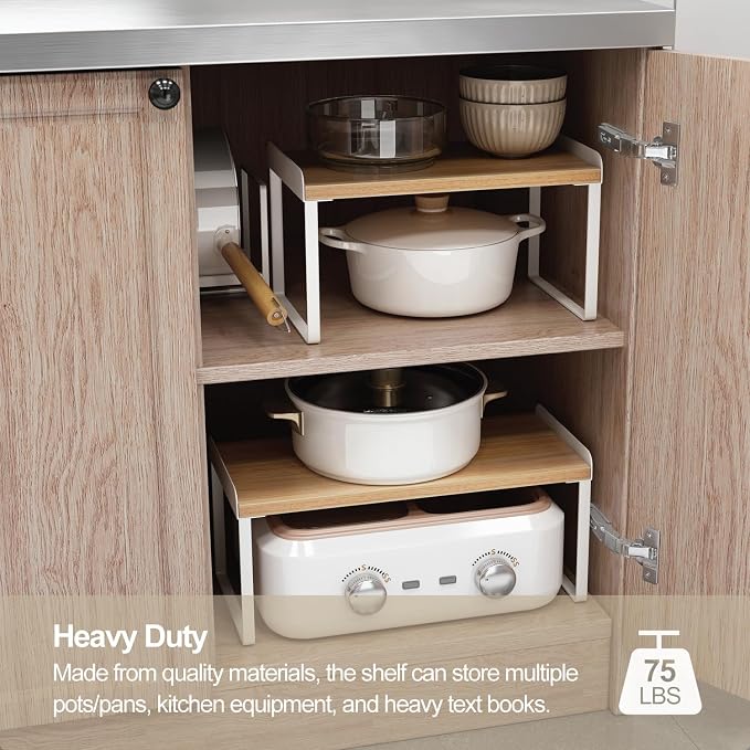 Mitus Shelf Organizer and Storage, Tiered Wood Cabinet Rack for The Kitchen Counter, Bathroom Counter, Pantry Cupboard, Office Desk Bookshelf, 12" Wide Natural and White