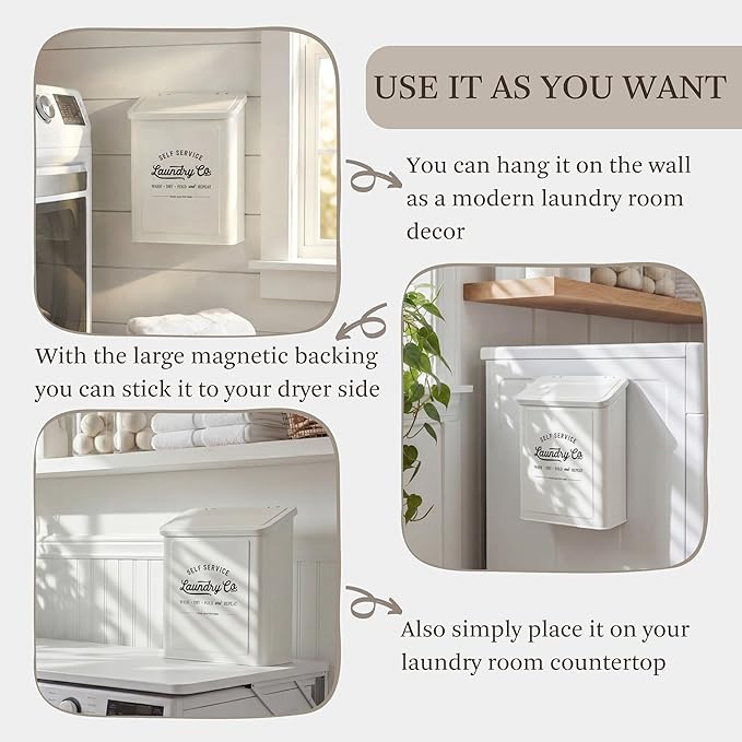 MONJITA Magnetic Lint Bin for Laundry Room, Laundry Trash Can with Brush | Metal lint holder and magnetic lint box for dryer, laundry room organization, farmhouse laundry decor