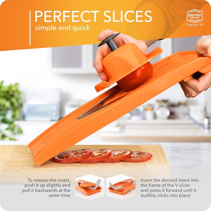 Mandoline Food Slicer Börner V1 (Starter Set) by Reston Lloyd • V-Slicer with 3 Blade Inserts & Food Holder • Made in Germany • Fruit & Vegetable Chopper • Multiple Settings • Color: Orange