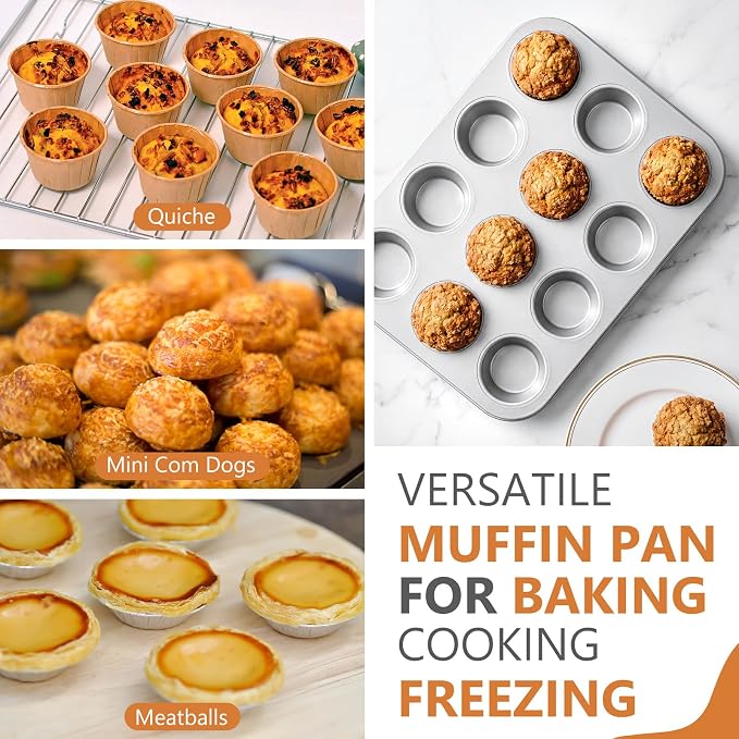 Domensi 4 Pcs Muffin Pan 12 Cup Carbon Steel Cupcake Baking Pan Nonstick Tin Tray for Standard Muffins, Brownie, Tart, Quiche, Heavy Duty Bakeware Set, Oven & Dishwasher Safe