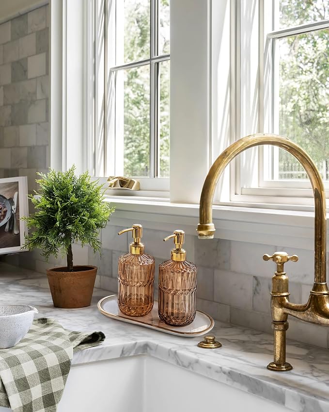 JASAI 18Oz Amber Glass Soap Dispenser with Gold RustProof Pump for Bathroom | Refillable Dish soap Dispenser for Kitchen Sink, Soap Dispenser Bathroom for Hand soap, Lotion, Dish Soap.